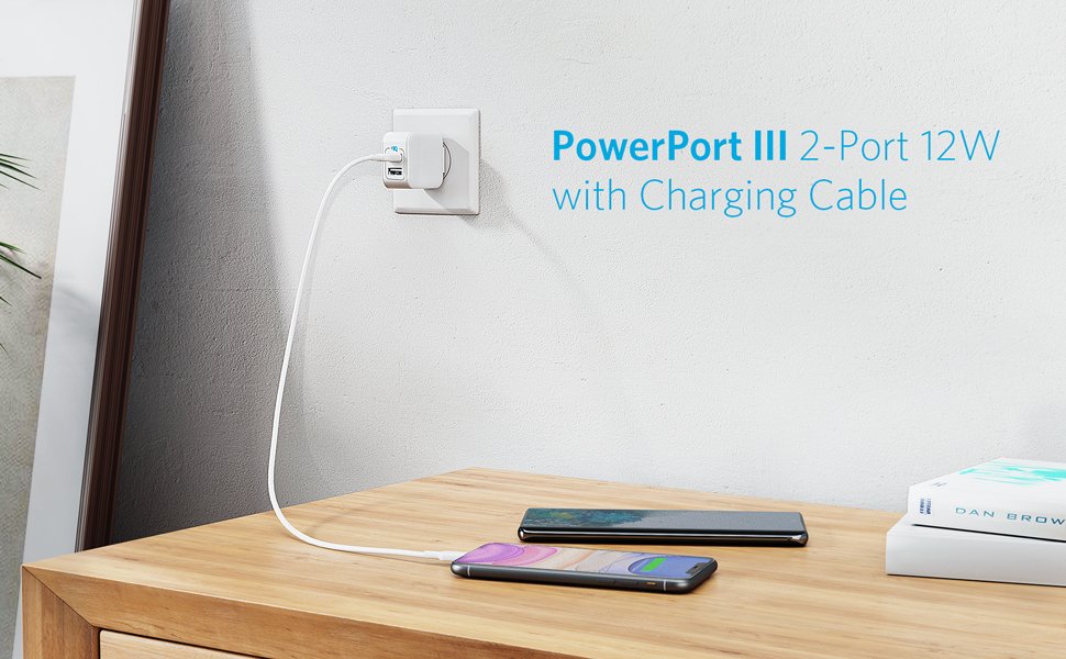 Anker PowerPort III 2-Port 12W USB Wall Charger with Lightning Cable